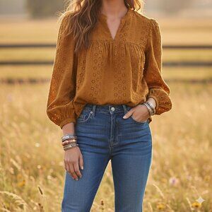 Madewell Eyelet Lace Blouse Size XS Long Balloon Sleeve Cottagecore Peasant Boho